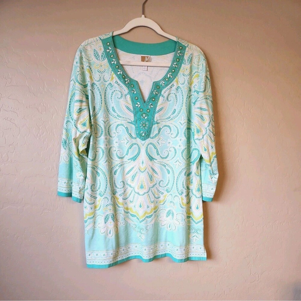 JM Collection Tunic Top Womens 2X Mint Green Paisley Split Neck 3/4 Sleeve NWOT